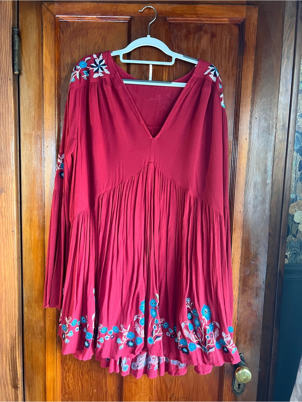 Free People Embroidered V-Neck Red Swing Dress